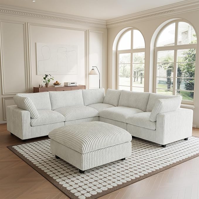 Modular Sectional Sofa, Convertible L Shaped Couch for Living Room, Deep Seat Cloud Sectional Couches, 5 Seat Comfy Modular Sofa, Couch Cushion Covers Removable, Beige