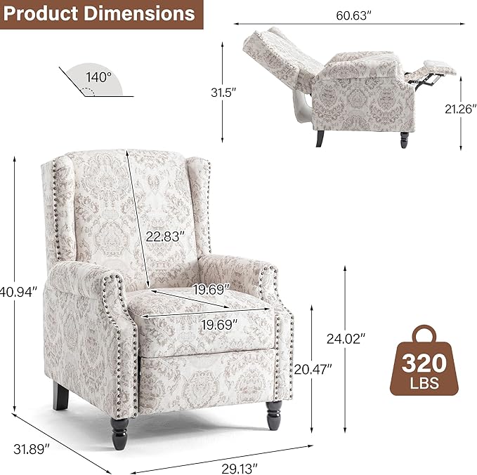 Pushback Recliner Chair, Floral Fabric Wingback Recliner Chair, Upholstered Armchair Push Back Recliner, Rivet Trim Single Sofa Accent Chair with Wood Legs for Living Room, Beige