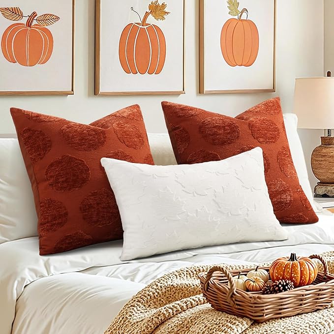 decorUhome Decorative Cream White Maple Leaf Thanksgiving Throw Pillow Covers 18x18 Set of 2, Soft Chenille Jacquard Farmhouse Textured Pillow Covers for Couch Sofa Autumn Harvest Halloween Holiday