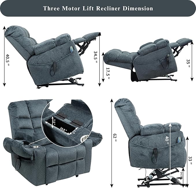 3-Motor Lift Chair with Adjustable Seat Height Zero Gravity Lay Flat Recliner with Heat Massage, Big Man Lift Recliners 400 lbs for Elderly Storage Cup Holders, Tall Man Recliner