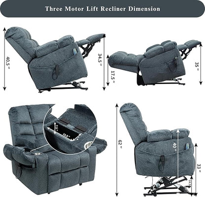 3-Motor Lift Chair with Adjustable Seat Height Zero Gravity Lay Flat Recliner with Heat Massage, Big Man Lift Recliners 400 lbs for Elderly Storage Cup Holders, Tall Man Recliner