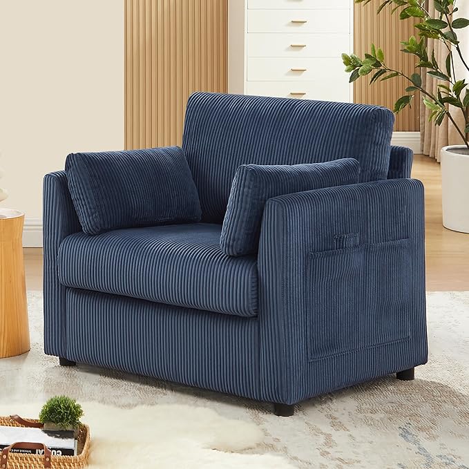 Modern Corduroy Accent Chairs, 38" W Comfy Armchair with Soft Pillows and Side Pockets, Single Reading Chairs for Living Room, Bedroom, Apartment, Navy Blue