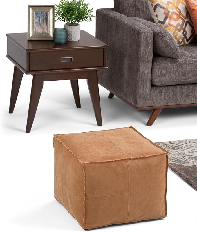SIMPLIHOME Brody 18-inch Wide Square Pouf in Distressed Brown Vegan Faux Leather, Boho-Style Ottoman, Footstool or Extra Seating for Living Room, Assembled