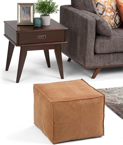 SIMPLIHOME Brody 18-inch Wide Square Pouf in Distressed Brown Vegan Faux Leather, Boho-Style Ottoman, Footstool or Extra Seating for Living Room, Assembled