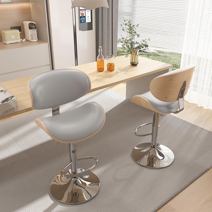 Bar Stools Set of 4, Bar Stools for Kitchen Island with Bentwood Back and Leather Seat, Swivel Barstools for Kitchen Counter, Bar, Grey
