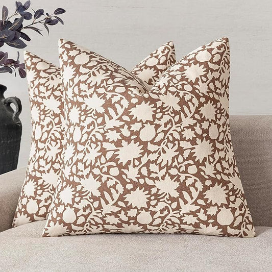 Foindtower Set of 2 Decorative Neutral Floral Throw Pillow Covers Accent Farmhouse Cushion Covers Boho Pillowcase for Couch Sofa Bedroom Living Room Home Decor,20×20 Inch,Light Orange Brown