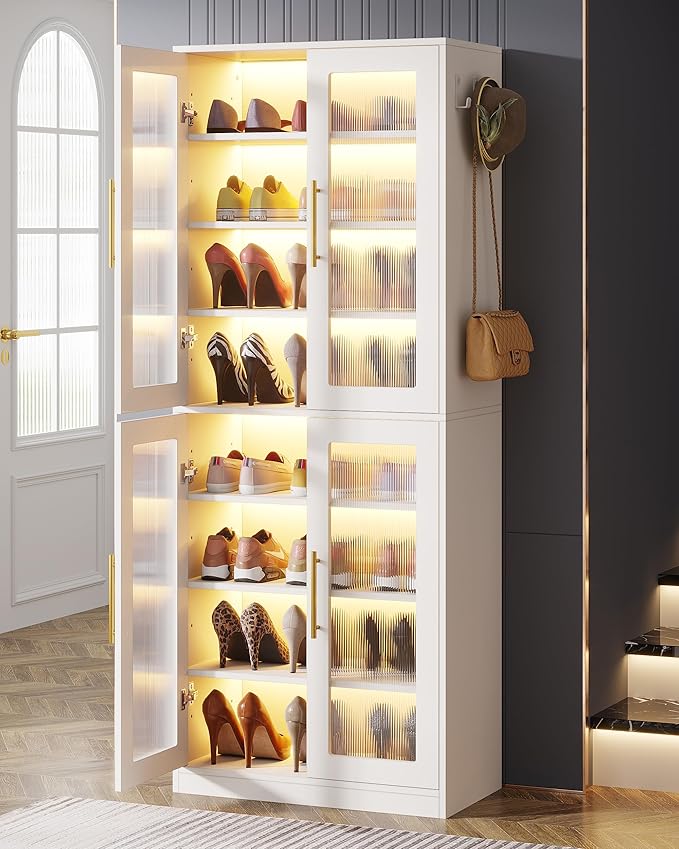 Tribesigns Tall Shoe Storage Cabinet with Acrylic Doors and LED Lights, 8-Tier Shoe Organizer Rack with Adjustable Shelves and Hanging Hooks for Narrow Closet, Hallway, Living Room, White (Set of 2)