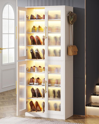 Tribesigns Tall Shoe Storage Cabinet with Acrylic Doors and LED Lights, 8-Tier Shoe Organizer Rack with Adjustable Shelves and Hanging Hooks for Narrow Closet, Hallway, Living Room, White (Set of 2)