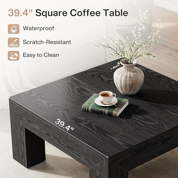 Tribesigns Farmhouse Square Coffee Table for Living Room, 39.37-Inch Low Large Center Tea Accent Table with Sturdy Legs, Easy Assembly (Black)