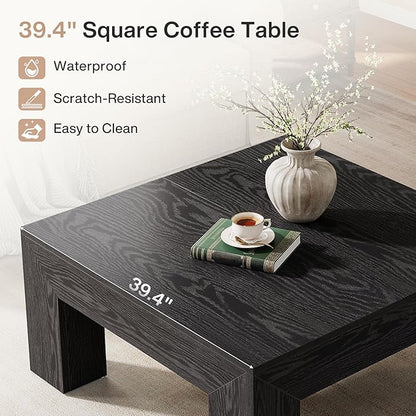 Tribesigns Farmhouse Square Coffee Table for Living Room, 39.37-Inch Low Large Center Tea Accent Table with Sturdy Legs, Easy Assembly (Black)