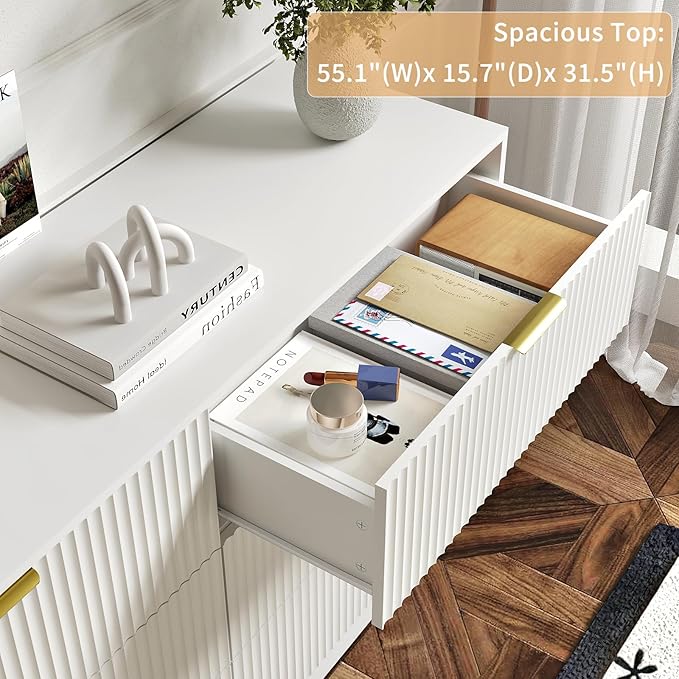 3-Piece Modern Bedroom Furniture Set, Wide 6-Drawer Dresser & 3-Drawer Nightstands Set of 2, Natural Wood Dresser and Nightstand Sets for Bedroom, Hallway, White