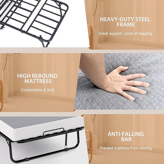Folding Bed with Memory Foam Mattress, Portable Rollaway Guest Beds on Wheels, 75"x38" Twin Size Space-Saving Cot-Size Bed for Adults with Easy Assembly Metal Frame (Grey)