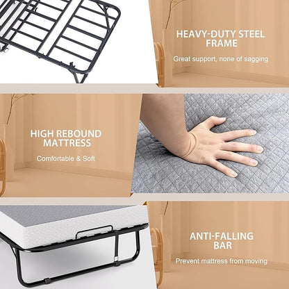 Folding Bed with Memory Foam Mattress, Portable Rollaway Guest Beds on Wheels, 75"x38" Twin Size Space-Saving Cot-Size Bed for Adults with Easy Assembly Metal Frame (Grey)
