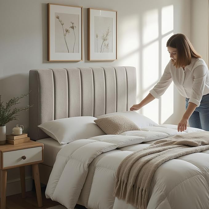 Hearth & Harbor Upholstered Twin Headboard - Easy Assemble Channel Stitched Headboard Twin Size - Wall Mounted Headboards with 3D Soundproof Wall Panels Peel & Stick Floating Headboards, Silver