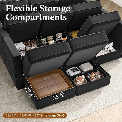 Vesgantti Sectional Couches with Storage Seats, 118" L Shaped Convertible Modular Sectional Sofa, 4 Seat & 2 Ottomans Velvet Storage Chaises Deep Seat Couch for Living Room, Bedroom, Apartment, Black
