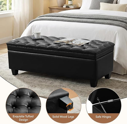 50" Faux Leather Storage Ottoman Bench, Rectangular End of Bed Storage Bench, Upholstered Large Tufted Ottoman with Storage for Living Room, Bedroom, Entryway,Black