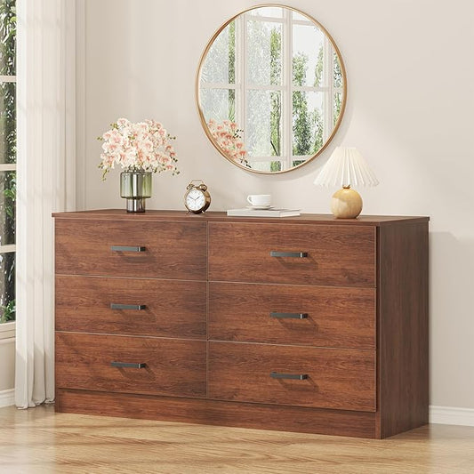 Bigbiglife Wood Dresser for Bedroom, 6 Drawer Double Dresser, Mid Century Modern Chest of Drawers with Deep Drawers, Large Storage Organizer for Living Room, Closet(Walnut Brown)