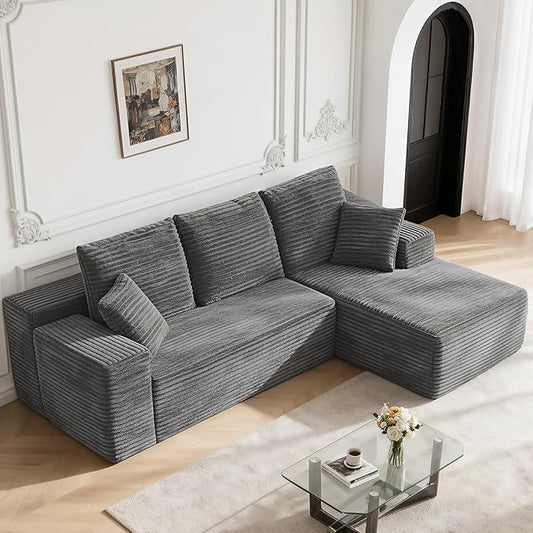 107" Boneless Couches for Living Room, Modular Cloud Sectional Couches L Shaped Sofa with Oversized Chaise Comfy Corduroy Home Sofa (Grey, Right Facing Chaise)