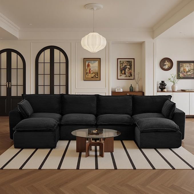 108" Sectional Couches for Living Room Boneless Couch Upholstered Cloud Couch Sectional Modular Sectional Sofa with L Shaped (Corduroy-Black, 4 Seat+2 Ottoman)