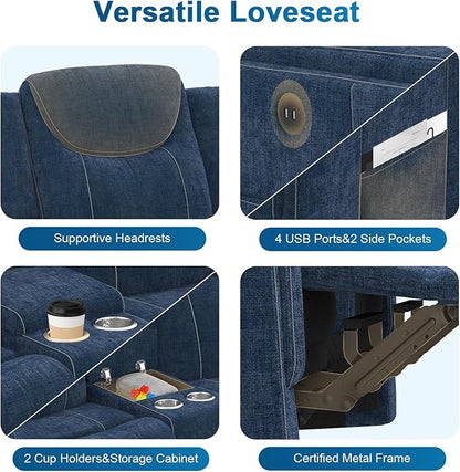 Loveseat Recliner Sofa, Manual Reclining Loveseat Sofa with Storage Console, Cup Holders, USB Ports, Modern Luxury Large Navy Blue Linen Recliner Couch for Living Room/RV