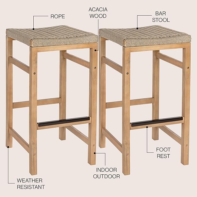 JONATHAN Y BSL1201A-SET2 Armand 30" Modern Coastal Backless Acacia Wood Outdoor Bar Stool with Woven Rope Seat, for Pool, Deck, Poolside, Light Teak/Ivory (Set of 2)
