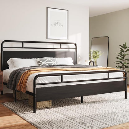 Allewie King Size Platform Bed Frame with Wooden Headboard and Footboard, Heavy Duty 13 Metal Slats Support, Under-Bed Storage, No Box Spring Needed, Noise Free, Easy Assembly, Black Oak