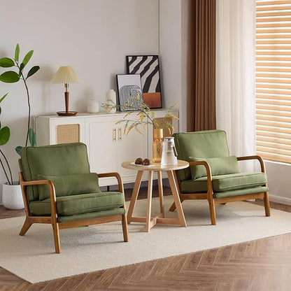 Karl home Accent Chair Mid-Century Modern Chair with Pillow Linen Fabric Upholstered Lounge Arm Chair with Solid Wood Frame & Soft Cushion for Living Room, Bedroom, Balcony, Green