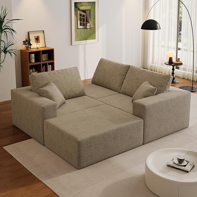 110" Boneless Cloud Sectional Couch for Living Room, Compressed Modular L-Shaped Sofa with Deep Seat, Frameless Corduroy Couch in Boxes, No Assembly Required 3-Seater (Left-Facing Chaise, Grey)