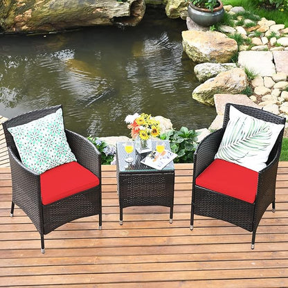 COSTWAY 3 PCS Patio Furniture Set, Outdoor Wicker Conversation Set with Tempered Glass Coffee Table, Seat Cushions, Rattan Wicker Chairs for Poolside Balcony Porch Backyard, Red
