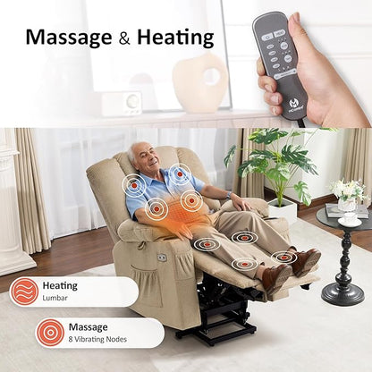MCombo Oversized Power Lift Recliner Chair with Massage and Heat for Big and Tall Elderly People, Cup Holders, USB Ports, Side Pockets, Fabric R7541 (Beige, Large-Oversize)