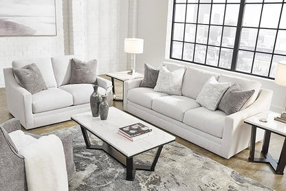 Signature Design by Ashley Maitelynn Contemporary Loveseat with Accent Pillows, Reversible Cushions and Sloped Arms, Light Gray