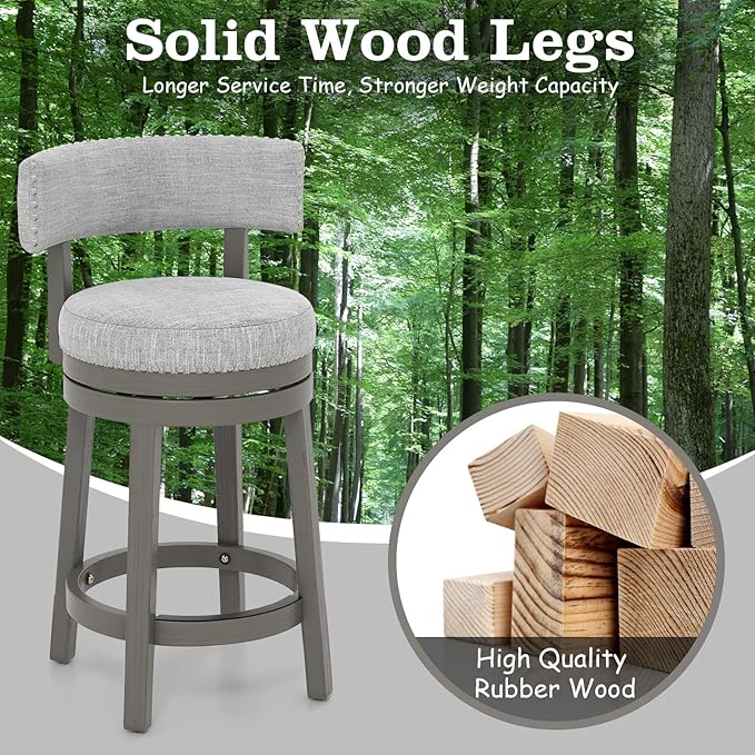 COSTWAY Bar Stool Set of 2, 27-inch 360° Swivel Barstool with Upholstered Back & Seat, Solid Rubber Wood Legs & Footrest, Farmhouse Counter Height Chair for Home, Bar, Cafe, Grey (2, Seat height 27‘’)