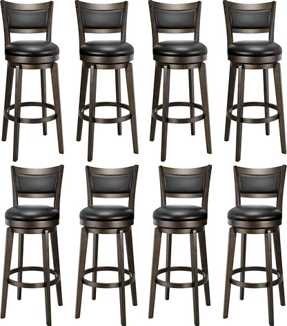 PrimeZone Swivel Bar Stools Set of 8, 32 Inch Tall Bar Height Barstools, Black Faux Leather Bar Stool with High Backrest & Solid Wood Legs & Wrap-Around Footrest, Counter Stools for Pub