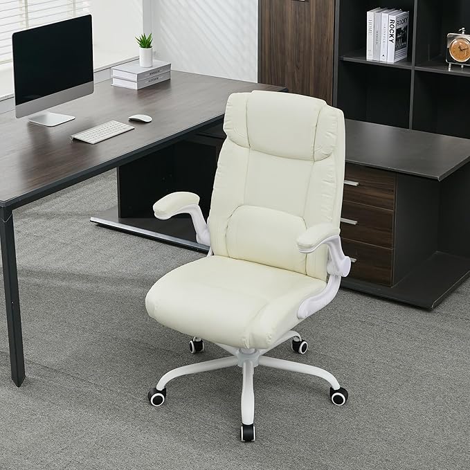 Office Desk Chair,Ergonomic Conference Room Chairs,Mid Back Executive Leather Chair,Comfy Computer Desk Chairs with Adjustable Flip-Up Arms and Rocking Function (Beige)