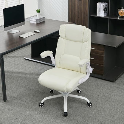 Office Desk Chair,Ergonomic Conference Room Chairs,Mid Back Executive Leather Chair,Comfy Computer Desk Chairs with Adjustable Flip-Up Arms and Rocking Function (Beige)