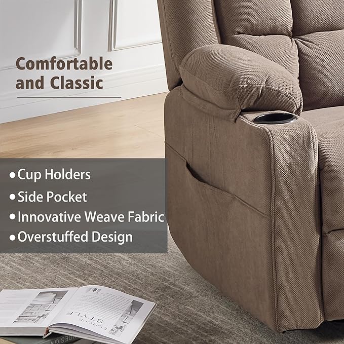 Swivel Rocker Recliner Chair for Adults with Massage and Heat, Cup Holders and Side Pockets, Glider Rocking Reclining Single Sofa Chair for Living Room (Coffee)