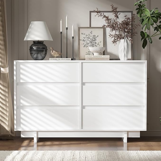 White Dresser for Bedroom, 47" Wide 6 Drawer Dresser, Mid Century Modern Dressers Chest of Drawers, Wooden Large Dressers for Bedroom, Closet