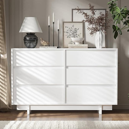 White Dresser for Bedroom, 47" Wide 6 Drawer Dresser, Mid Century Modern Dressers Chest of Drawers, Wooden Large Dressers for Bedroom, Closet