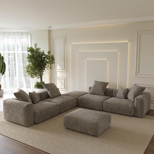 Oversized Modular Sectional Sofa with Ottomans,6 Seater Corduroy V Shaped Reversible Corner Couch,141.73" Convertible Sofa & Couch Free Combination for Living Rooom,Brown