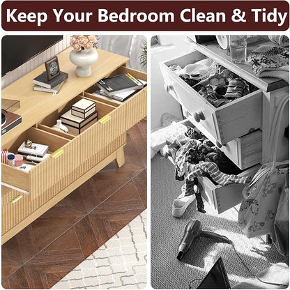 Fluted Dresser for Bedroom,9 Drawer Dresser for Closet,57" Wide Storage Cabinet and Chest of Drawers with Gold Handle,TV Stand,Storage Organizer for Living Room,Hallway,Entryway,Natural Oak