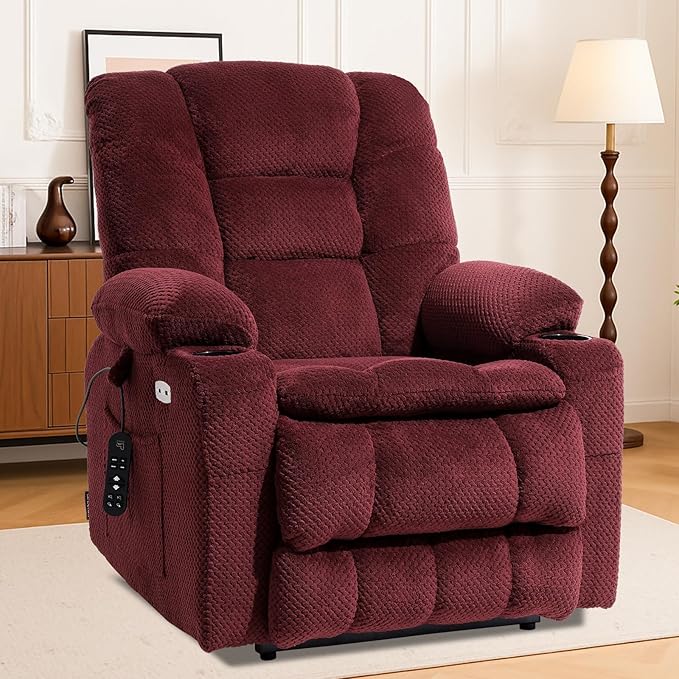 EONIX Dual Motor Lay Flat Power Lift Recliner Chair for Elderly, Electric Recliner Lift Chairs for Adults with Cup Holders, 400lbs Heavy Duty Power Recliner Sofa with Heat and Massage, Burgundy