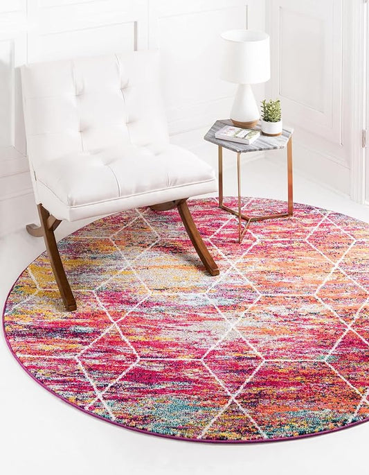 Unique Loom Trellis Frieze Collection Area Rug - Geometric (4' Round, Multi/ Ivory)