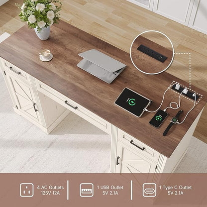 ONBRILL 59 inch Farmhouse Executive Desk with Drawers, Home Office Desk with File Cabinet, Outlets, Storage Cabinet, Keyboard Tray, Wood Computer Desk for Work Study Writing (Off White & Walnut)