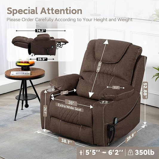 Oversized Lazy Boy Recliner Chair, 2 Motor Leather Recliner, Nursing Lift Chair with Massage and Lumbar Heating, Functional Adult Power Recliner with Cup Holders