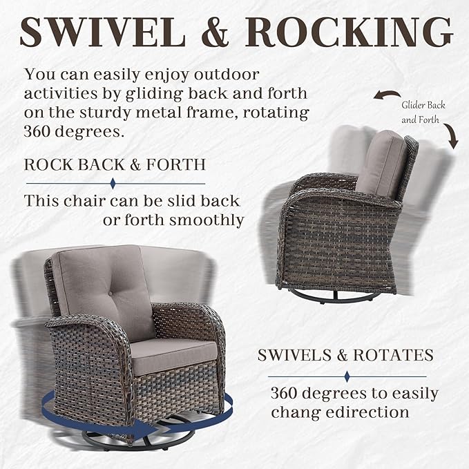 HUMMUH 5 Pieces Wicker Patio Furniture Set,Outdoor Swivel Gliders Rocker,Patio Ottomans,Glass Top Side Table,Outdoor Conversation Set for Porch Deck Backyard Poolside