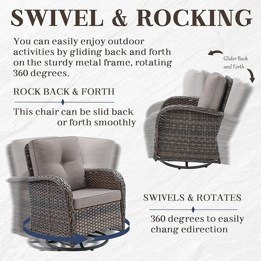 HUMMUH 5-Piece Patio Furniture Set with Fire Pit,Wicker Patio Glider Loveseat Outdoor Swivel Rocker Chairs for Backyard,Poolside,Deck