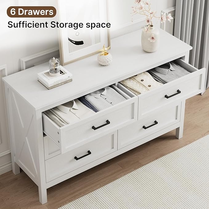 LYNSOM Farmhouse 6 Drawers Dresser for Bedroom, Wood Rustic Wide Chest of Drawers with Deep Drawers, Metal Handle, Storage Dressers Organizer for Hallway