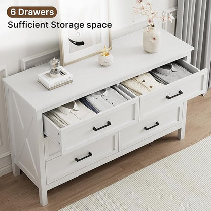 LYNSOM Farmhouse 6 Drawers Dresser for Bedroom, Wood Rustic Wide Chest of Drawers with Deep Drawers, Metal Handle, Storage Dressers Organizer for Hallway