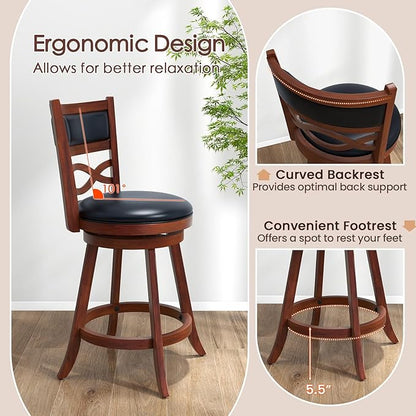 COSTWAY Bar Stools Set of 2, 24.5” Counter Height Stools with Rubber Wood Frame, Faux Leather Upholstered Seat and Backrest, Swivel Barstools for Kitchen Island, Pub, Brown (2, Seat Height: 24.5”)