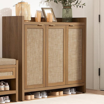 SICOTAS Shoe Storage Cabinet Set of 2, Large Tall Shoe Cabinet, Rattan Shoe Cabinet Storage for Entryway, Farmhouse Cabinet with Doors and Adjustable Shelves for Entryway Hallway Living Room